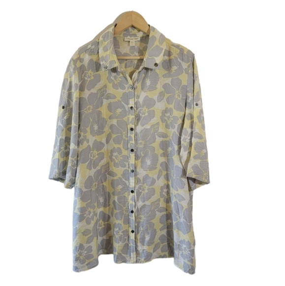 Coldwater Creek Gray Yellow Floral Button Front Tunic Top Sz 2X Lagenlook Cozy - Picture 11 of 11